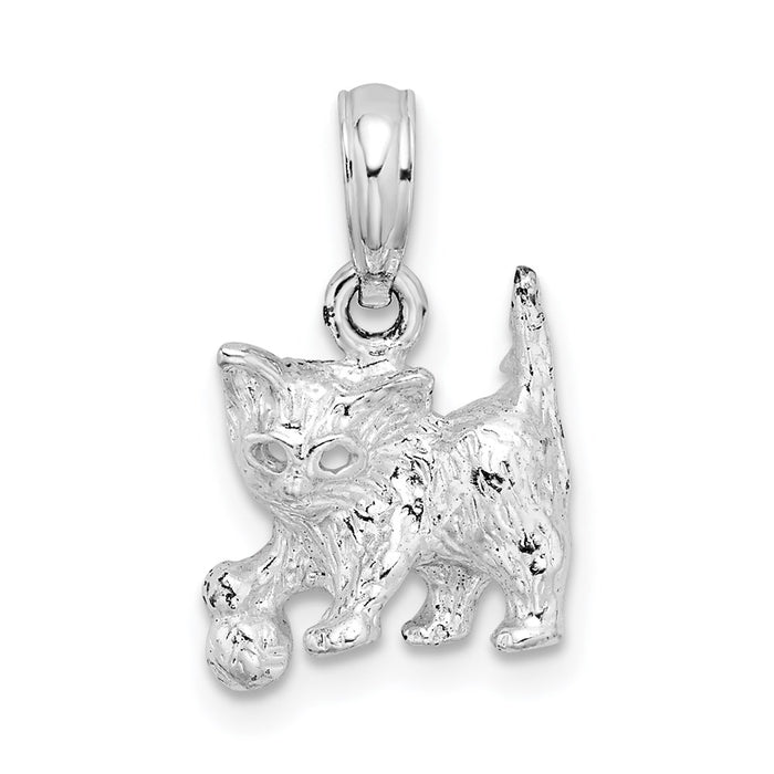 Million Charms 925 Sterling Silver Charm Pendant, Small Cat With Ball & Cut-Out Eyes, 2-D