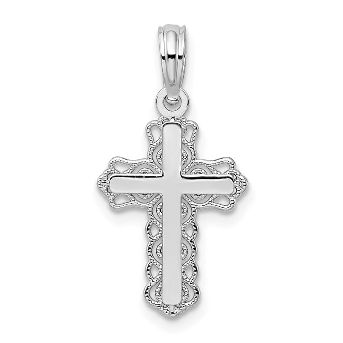 Million Charms 925 Sterling Silver Religious Charm Pendant, Small Cross  with Lace Trim & High Polish Center