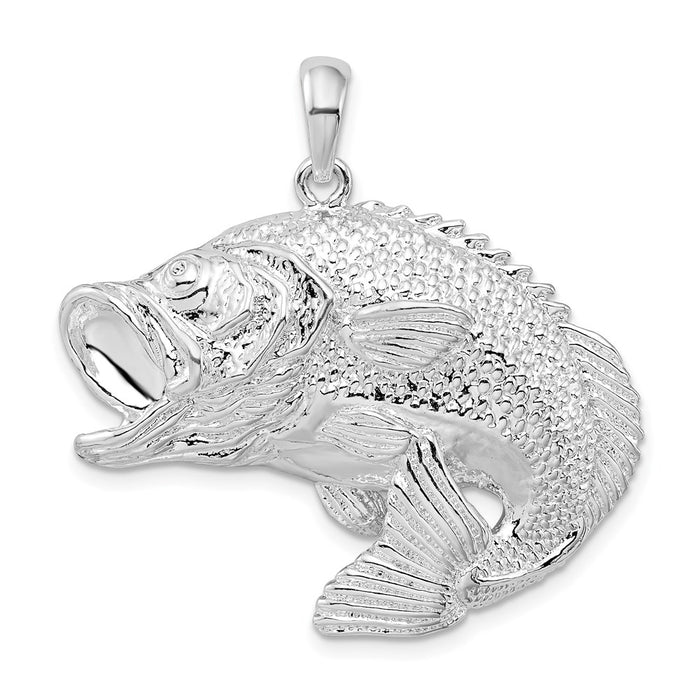 Million Charms 925 Sterling Silver Sea Life Nautical Charm Pendant, Large Bass Fish Jumping, 2-D