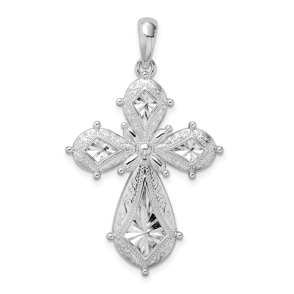 Million Charms 925 Sterling Silver Religious Charm Pendant, Cross  with Starburst & Filigree Teardrop, Closed Back