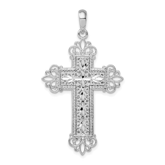 Million Charms 925 Sterling Silver Religious Charm Pendant, Block Cross  With Cut-Out Fleur-Di-Lis Tips, 2-D