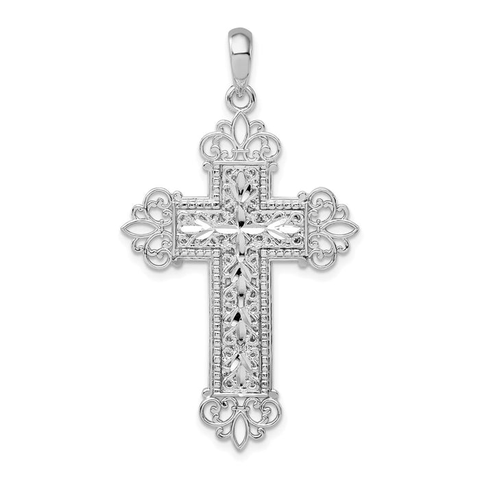 Million Charms 925 Sterling Silver Religious Charm Pendant, Block Cross  With Cut-Out Fleur-Di-Lis Tips, 2-D