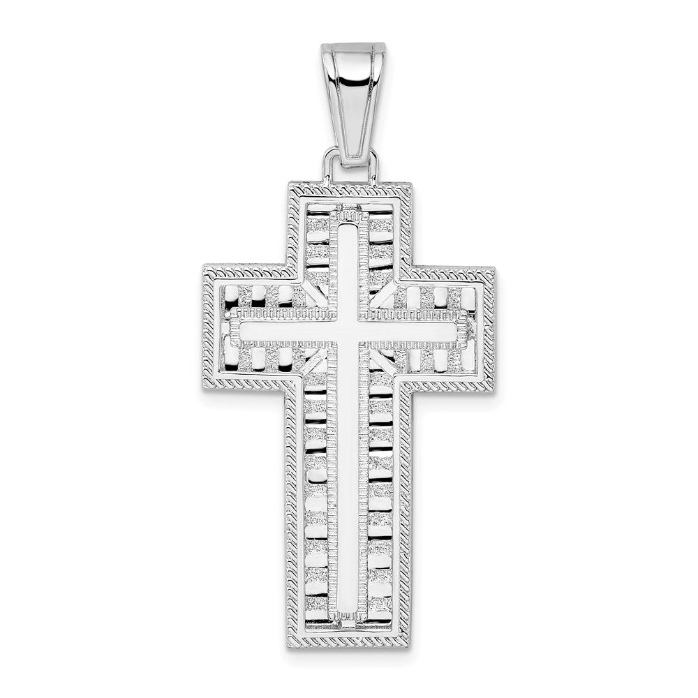 Million Charms 925 Sterling Silver Religious Charm Pendant, Beaded Block Cross  with Stick Center & Closed Back