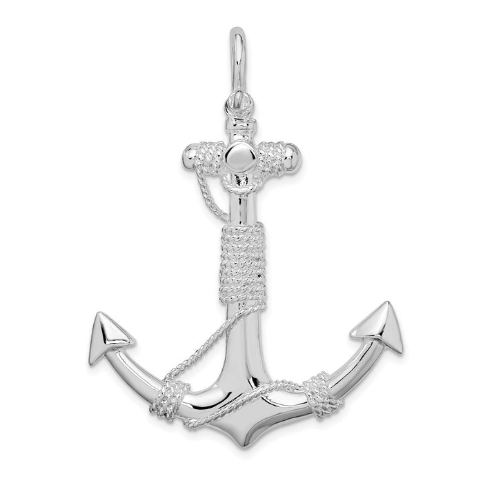 Million Charms 925 Sterling Silver Charm Pendant, Large 3-D Large Anchor With Wrapped Rope, Shackle Bail