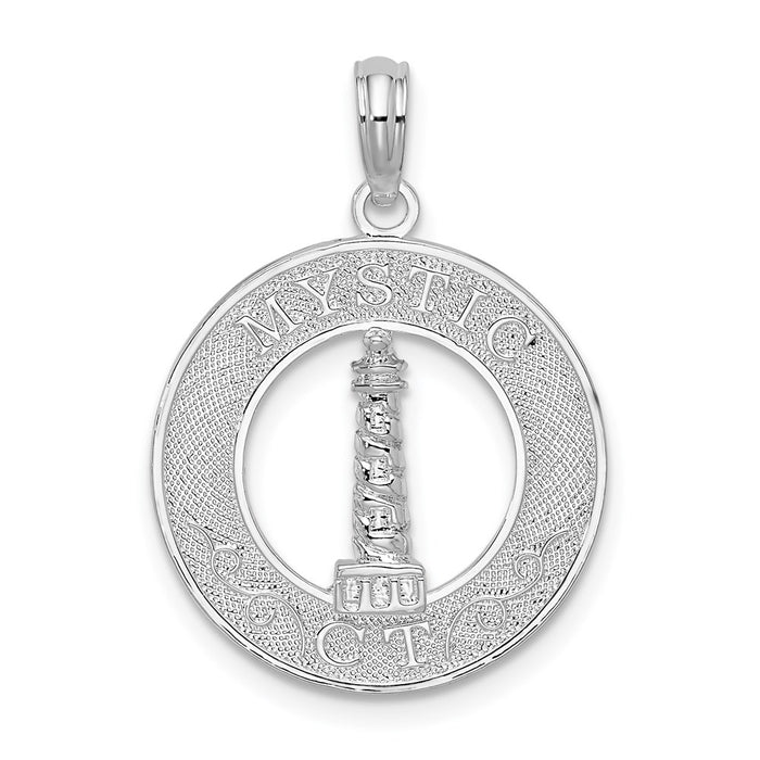 Million Charms 925 Sterling Silver Travel Charm Pendant, Mystic, Ct On Round Frame with Lighthouse Center