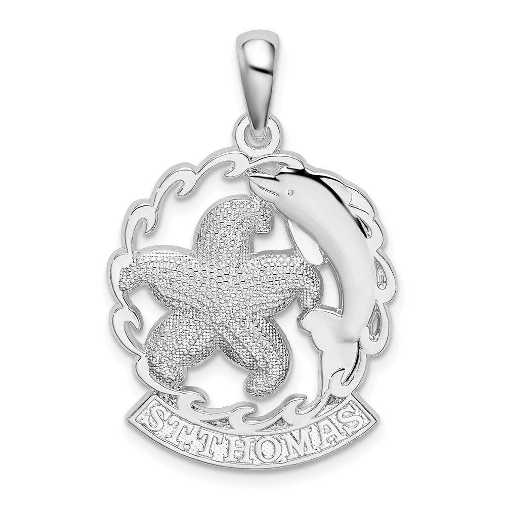 Million Charms 925 Sterling Silver Sea Life Nautical Charm Pendant, St. Thomas Under Starfish & Dolphin In Wave Frame