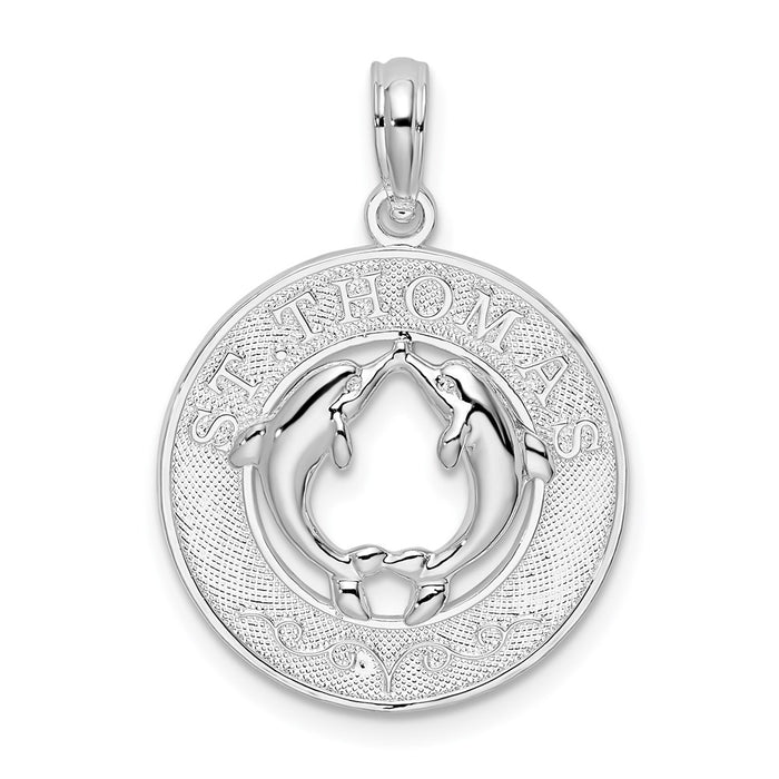 Million Charms 925 Sterling Silver Travel Charm Pendant, St. Thomas On Round Frame with Dolphins In Center