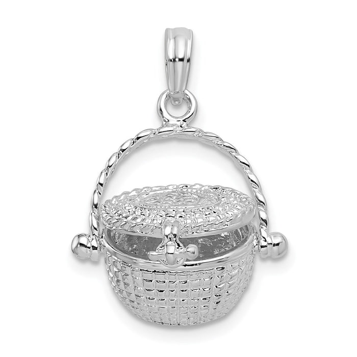 Million Charms 925 Sterling Silver Charm Pendant, 3-D Nantucket Basket with Engraved Lid & Handle, Moveable