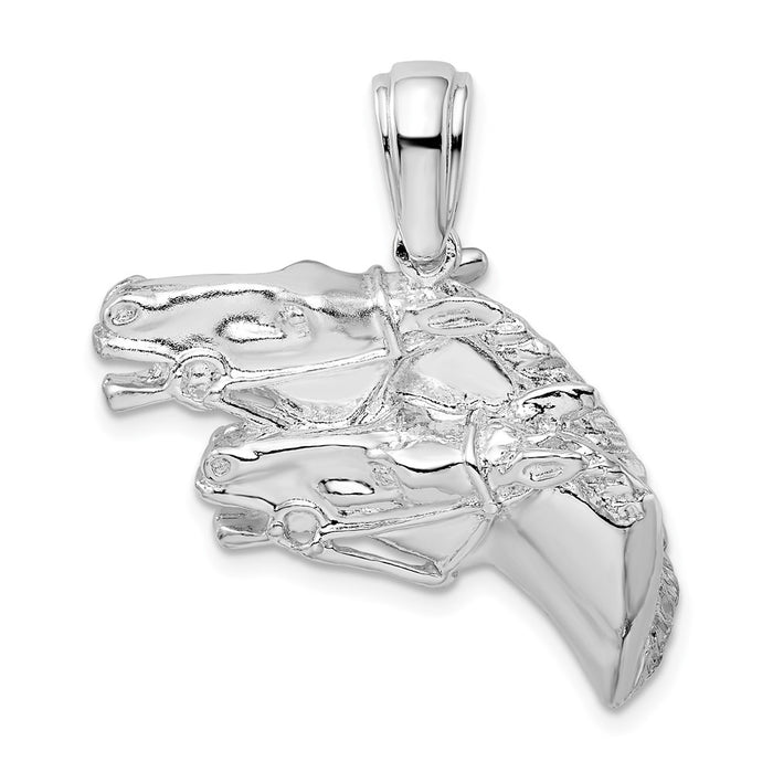 Million Charms 925 Sterling Silver Equestrian Animal Charm Pendant, Large Double Horse Heads with Bit's, High Polish & Textured