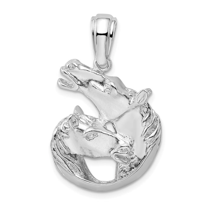 Million Charms 925 Sterling Silver Equestrian Animal Charm Pendant, Large Horse & Foal Heads In Partial Frame, High Polish & Textured