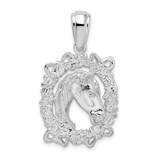 Million Charms 925 Sterling Silver Equestrian Animal Charm Pendant, Horse Head In Wreath Frame, Textured