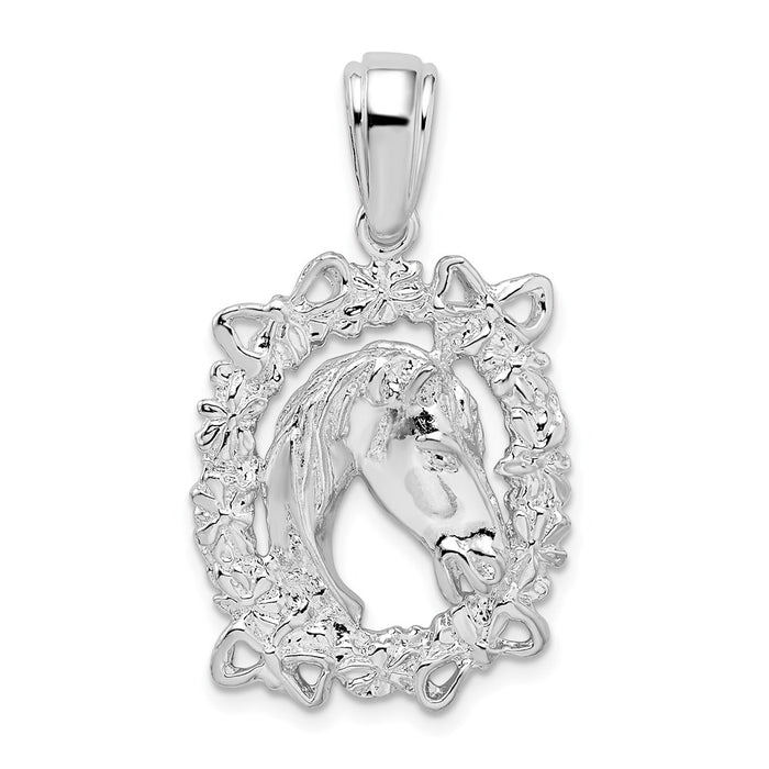 Million Charms 925 Sterling Silver Equestrian Animal Charm Pendant, Horse Head In Wreath Frame, Textured