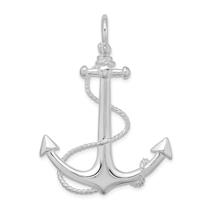 Million Charms 925 Sterling Silver Charm Pendant, Large 3-D Large Anchor with Rope & Flat Tips Shackle Bail