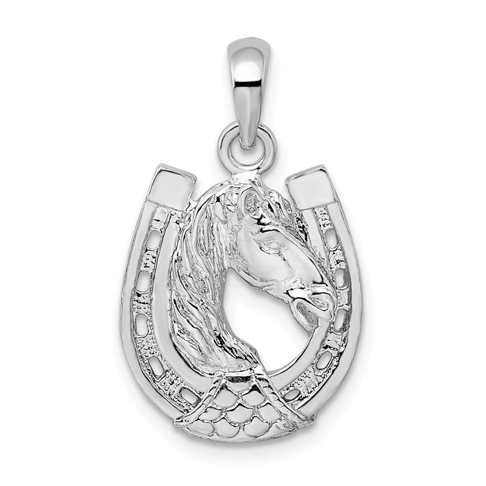 Million Charms 925 Sterling Silver Religious Equestrian Animal Charm Pendant, Horse Head with Shoe And Cross p With Rhodium