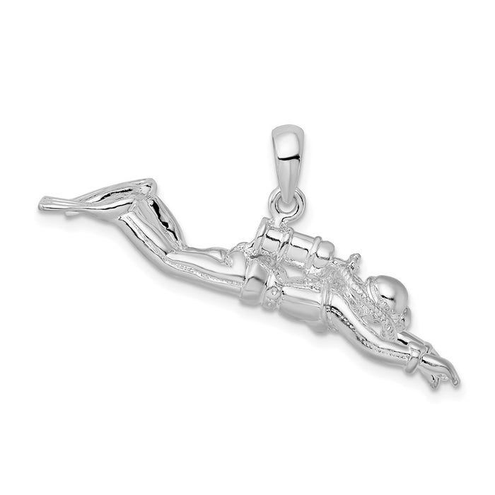 Million Charms 925 Sterling Silver Nautical Sports Charm Pendant, Large 3-D Female Scuba Diver - Horizontal