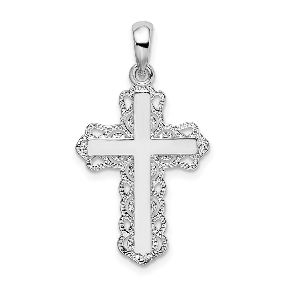 Million Charms 925 Sterling Silver Religious Charm Pendant, Small Cross  with Lace Trim & High Polish Center