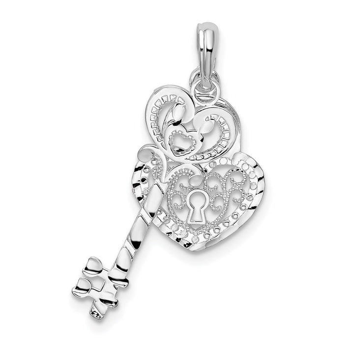 Million Charms 925 Sterling Silver Charm Pendant, Key & White Beaded Heart & Moveable Diamond-cut
