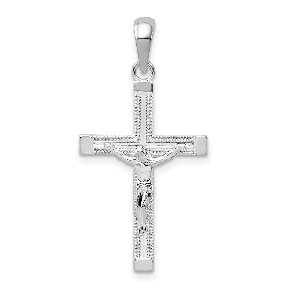 Million Charms 925 Sterling Silver Religious Charm Pendant, Small Crucifix, Textured & High Polish With Rhodium