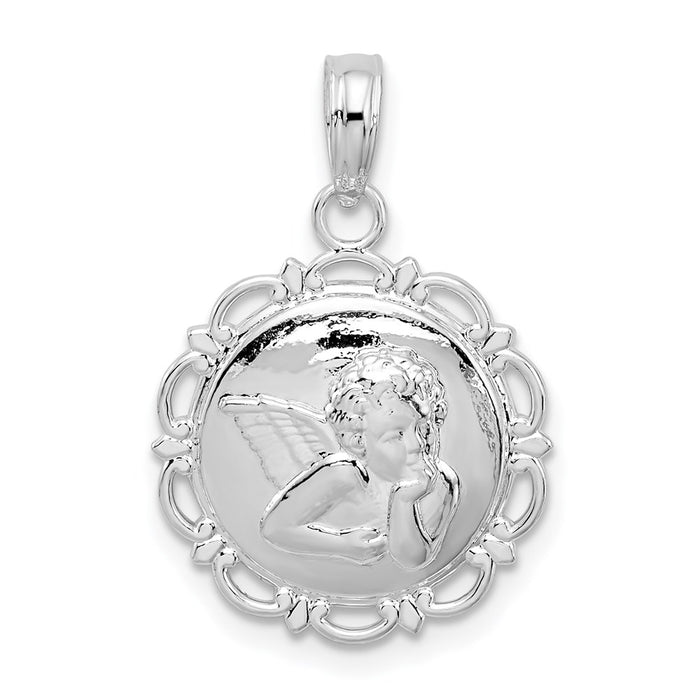 Million Charms 925 Sterling Silver Religious Charm Pendant, Small Angel/Cherub On Round Scallop Frame, 2-D & Textured