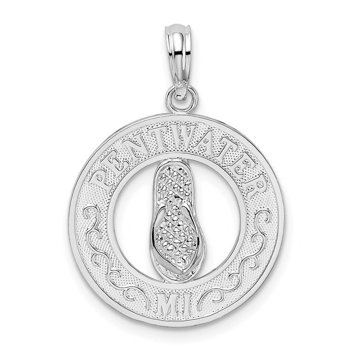 Million Charms 925 Sterling Silver Travel Charm Pendant, Pentwater, Mi Round Frame with Flip-Flop Center