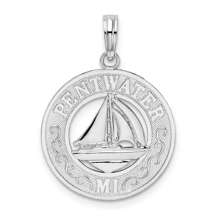 Million Charms 925 Sterling Silver Travel Charm Pendant, Pentwater, Mi Round Frame with Sailboat Center