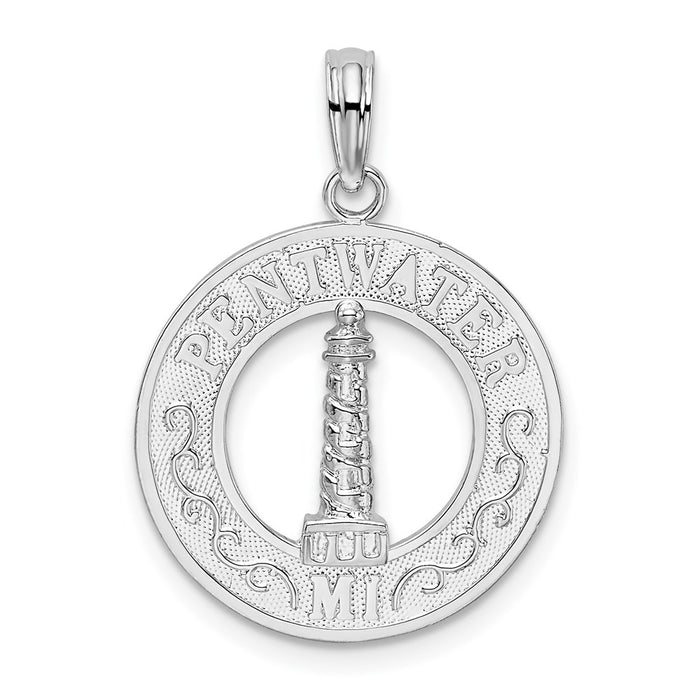 Million Charms 925 Sterling Silver Travel Charm Pendant, Pentwater, MI Round Frame with Lighthouse Center