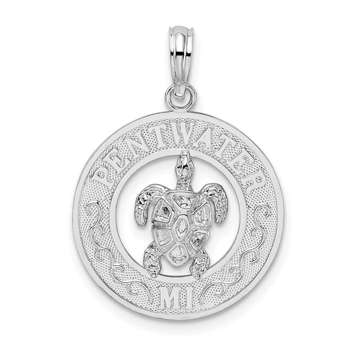 Million Charms 925 Sterling Silver Travel   Charm Pendant, Pentwater, Mi Round Frame with Turtle Center