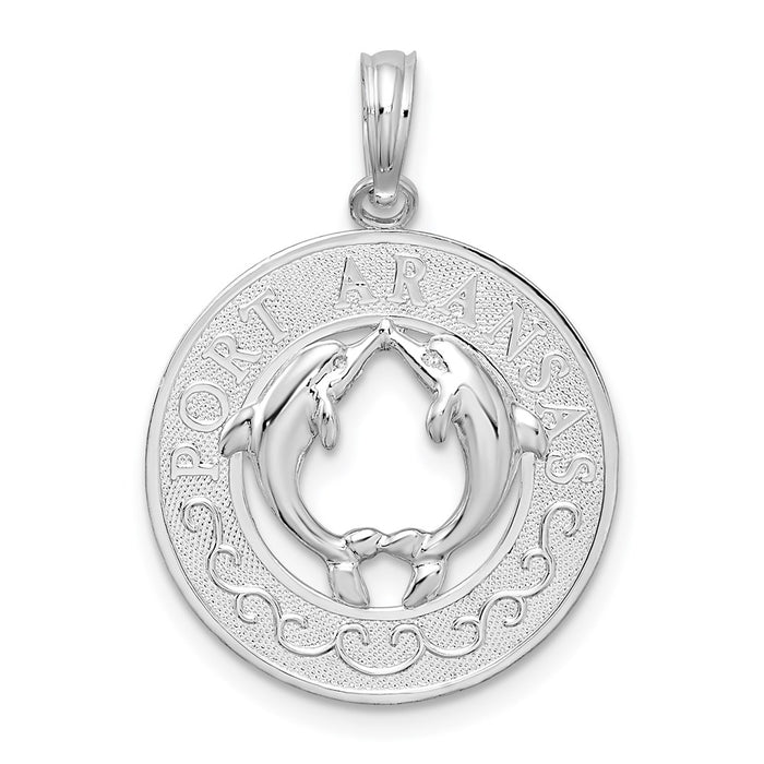 Million Charms 925 Sterling Silver Nautical Sea Life  Charm Pendant, Port Aransas Round Frame with Dolphins In Center