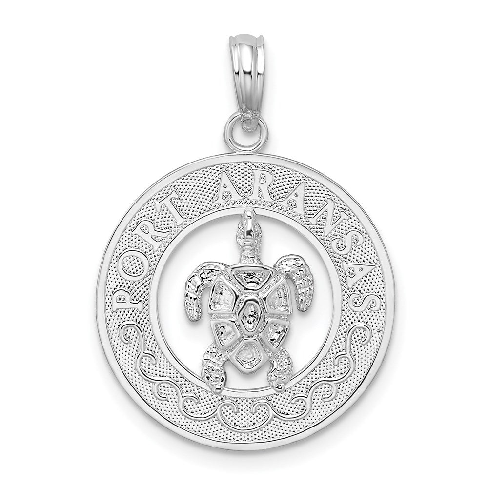Million Charms 925 Sterling Silver Travel Charm Pendant, Port Aransas Round Frame with Turtle Center