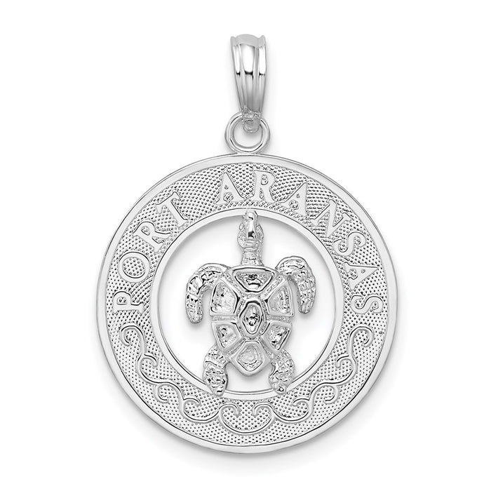 Million Charms 925 Sterling Silver Travel Charm Pendant, Port Aransas Round Frame with Turtle Center