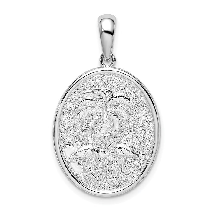 Million Charms 925 Sterling Silver Animal Charm Pendant, Flamingo & Palm Tree Mural In Oval Frame, High Polish