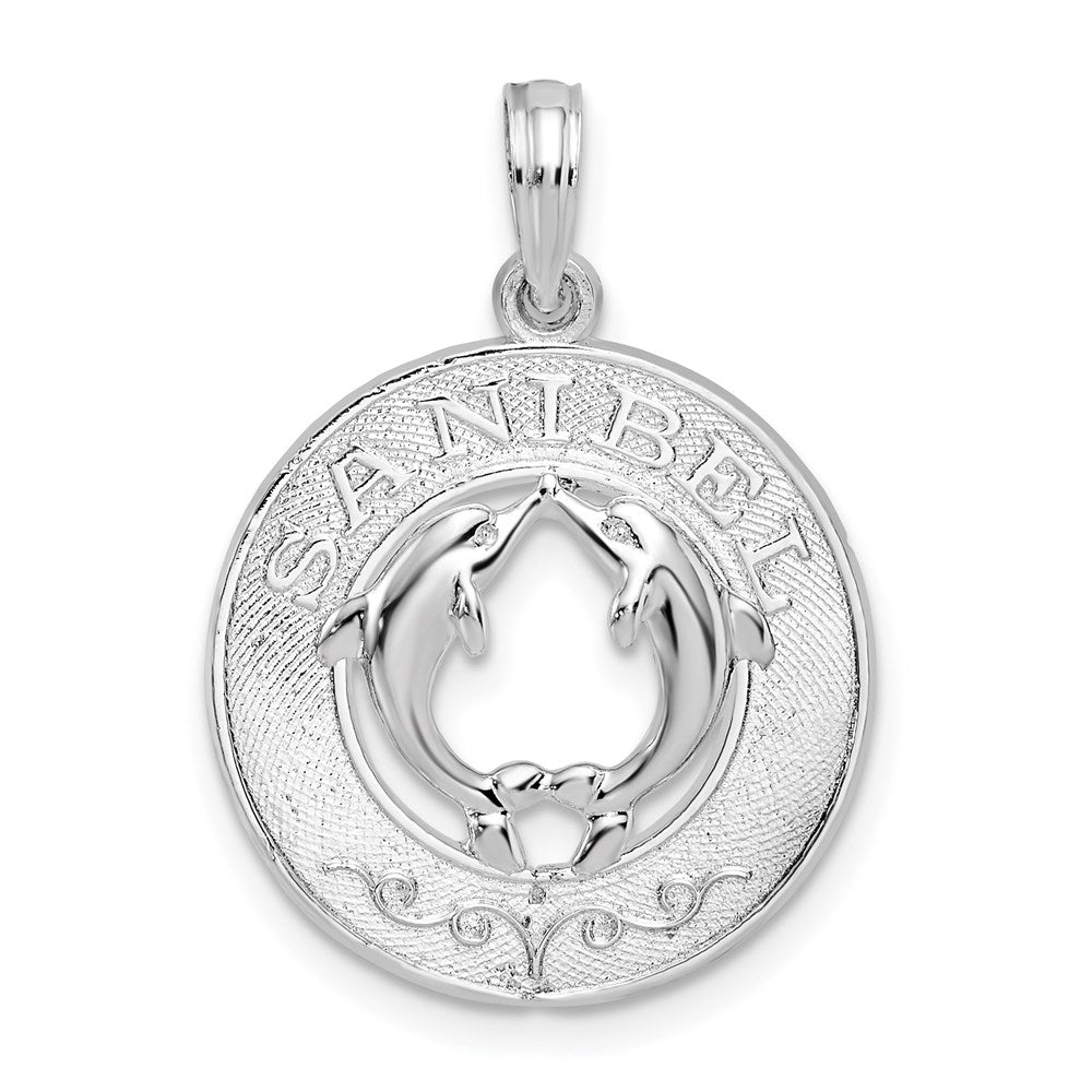 Million Charms 925 Sterling Silver Travel Charm Pendant, Sanibel On Round Frame with Dolphins In Center
