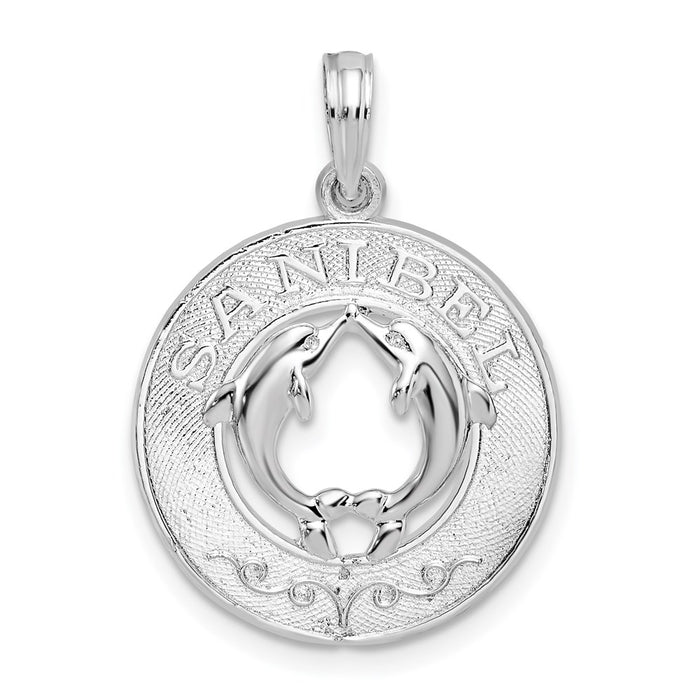 Million Charms 925 Sterling Silver Travel Charm Pendant, Sanibel On Round Frame with Dolphins In Center