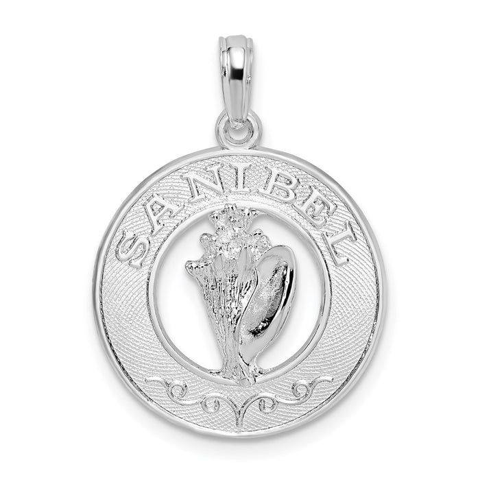 Million Charms 925 Sterling Silver Travel Charm Pendant, Sanibel On Round Frame with Conch Shell Center