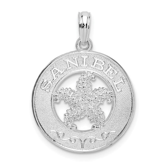 Million Charms 925 Sterling Silver Travel  Charm Pendant, Sanibel On Round Frame with Starfish Center