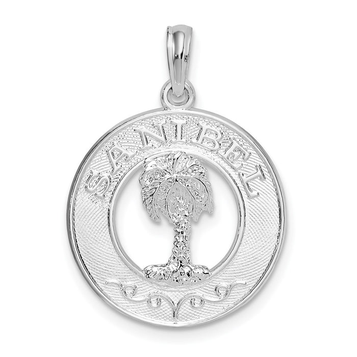 Million Charms 925 Sterling Silver Travel Charm Pendant, Sanibel On Round Frame with Palm Tree Center