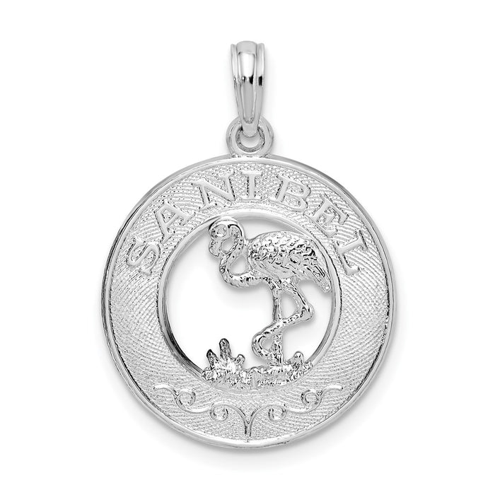 Million Charms 925 Sterling Silver Travel Charm Pendant, Sanibel On Round Frame with Flamingo Center