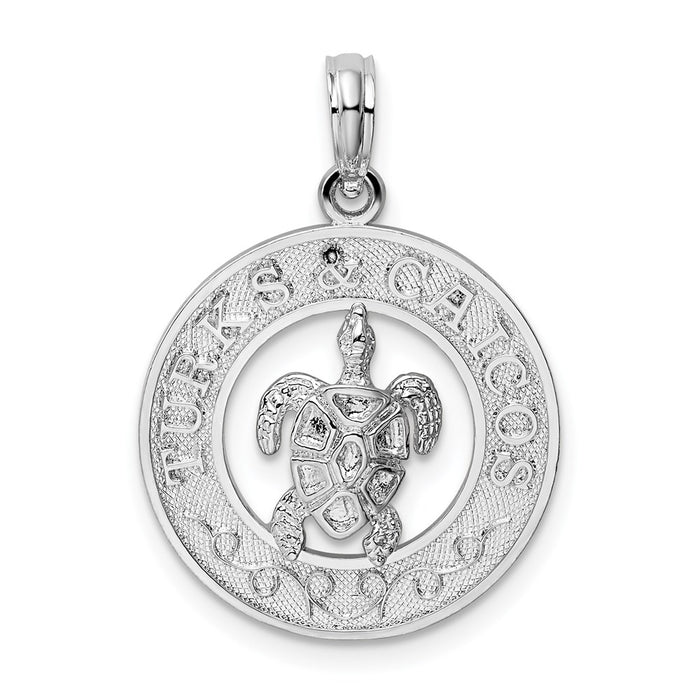 Million Charms 925 Sterling Silver Travel Charm Pendant, Turks & Caicos On Round Frame with Turtle Center