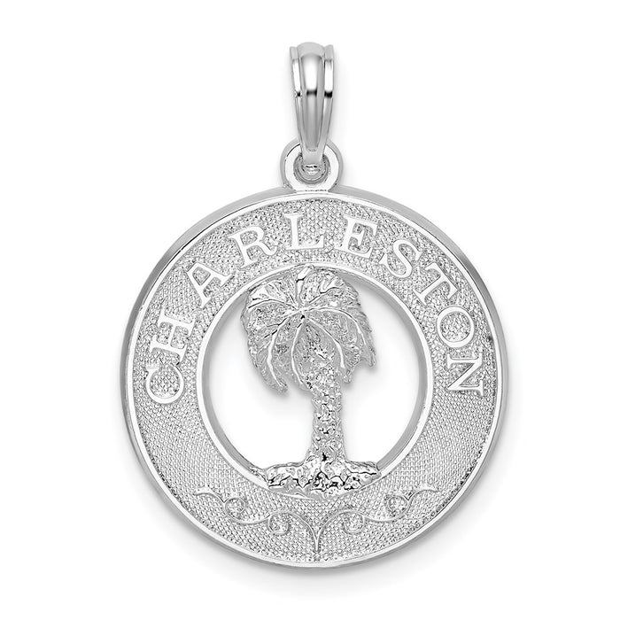 Million Charms 925 Sterling Silver Travel Charm Pendant, Charleston On Round Frame with Palm Tree Center