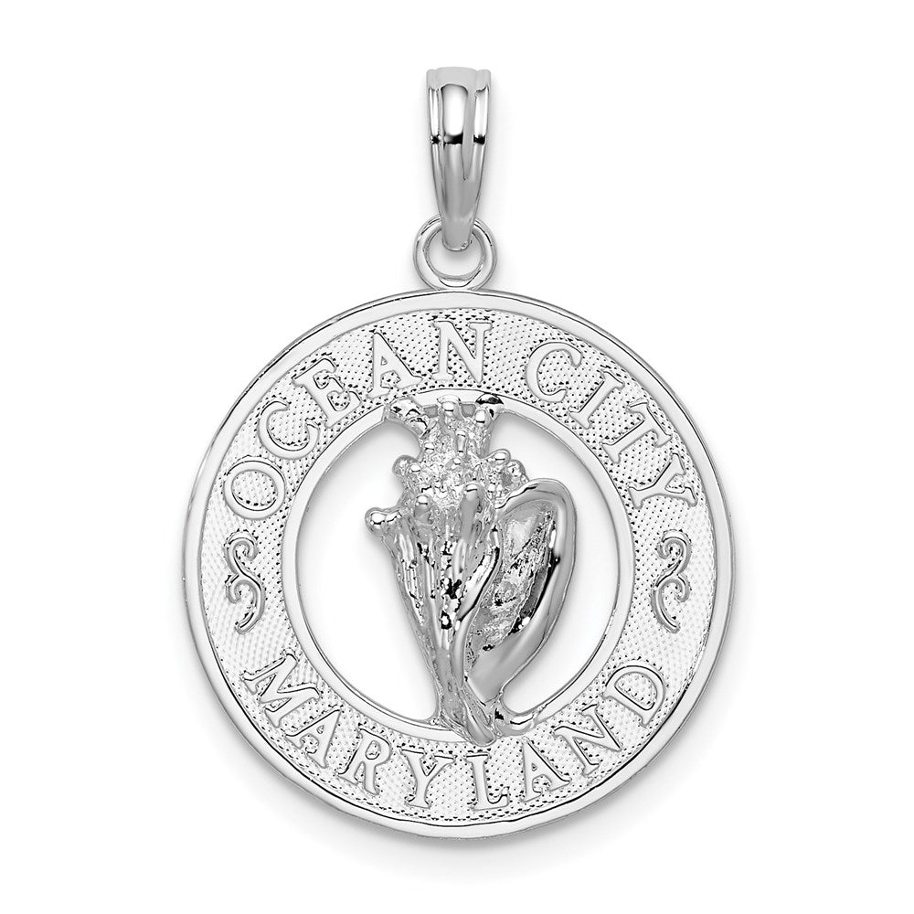 Million Charms 925 Sterling Silver Travel Charm Pendant, Ocean City,Md On Round Frame with Conch Shell Center