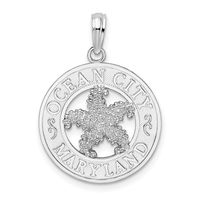 Million Charms 925 Sterling Silver Travel  Charm Pendant, Ocean City, MD On Round Frame with Starfish Center
