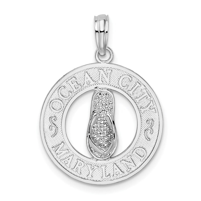 Million Charms 925 Sterling Silver Travel Charm Pendant, Ocean City,Md On Round Frame with Flip-Flop Center
