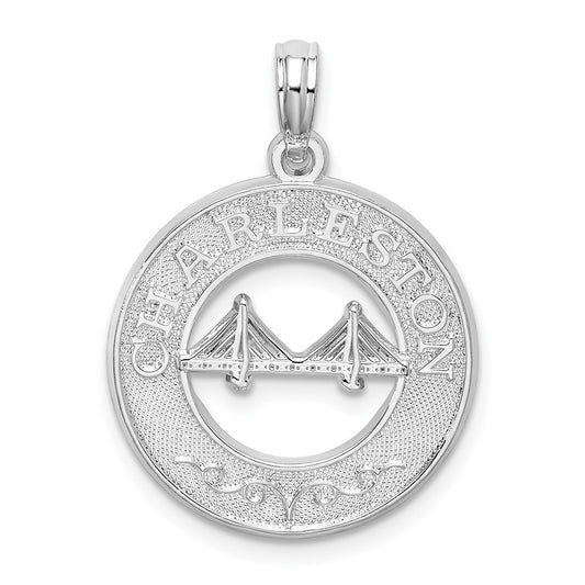 Million Charms 925 Sterling Silver Travel Charm Pendant, Charleston On Round Frame with Bridge Center