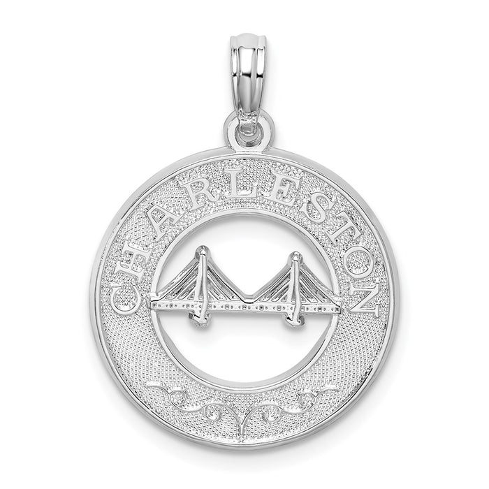 Million Charms 925 Sterling Silver Travel Charm Pendant, Charleston On Round Frame with Bridge Center