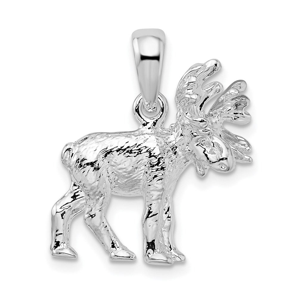 Million Charms 925 Sterling Silver Charm Pendant, 3-D Moose with Large Antlers Up - High Polish & Texture