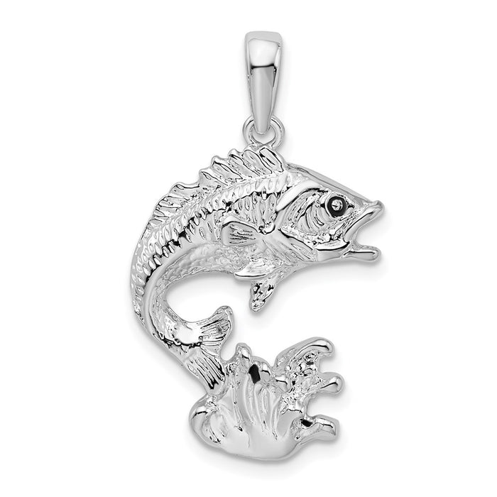 Million Charms 925 Sterling Silver Sea Life Nautical Charm Pendant, Bass Fish & Water, 2-D