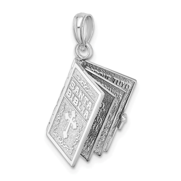 Million Charms 925 Sterling Silver Religious Charm Pendant, 3-D Santa Biblia Book, Spanish Moveable Pages