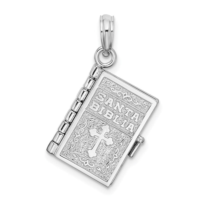 Million Charms 925 Sterling Silver Religious Charm Pendant, 3-D Santa Biblia Book, Spanish Moveable Pages