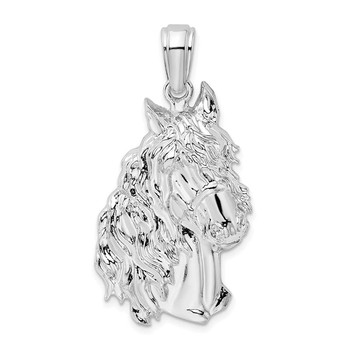 Million Charms 925 Sterling Silver Equestrian Animal Charm Pendant, Large Horse Head with Full Mane, 2-D
