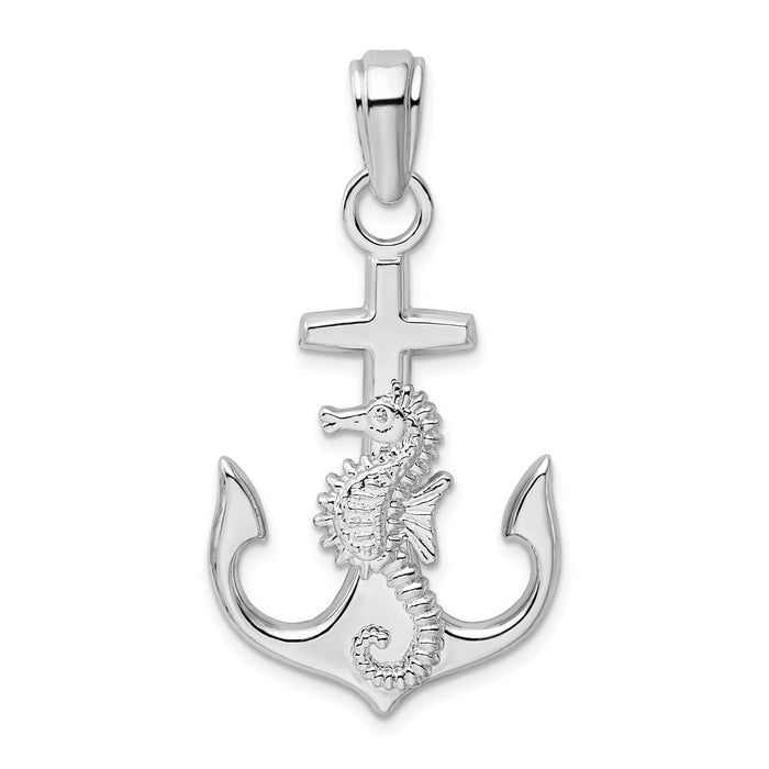 Million Charms 925 Sterling Silver Nautical Sea Life Charm Pendant, Anchor with Seahorse Attached, 2-D